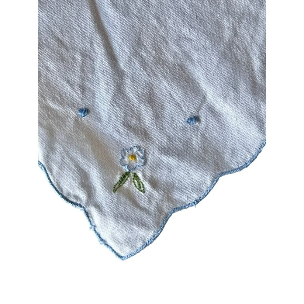 Vintage White Bun Warmer Embroidered Floral Design & Blue Scalloped Edges